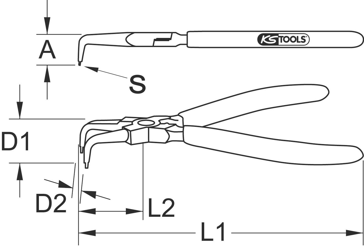 Abbildung einer Abgreifhaken-Zange mit Abmessungen. Maßeingaben: A, D1, D2, L1, L2, S. KS Tools-Logo sichtbar auf dem Griff.