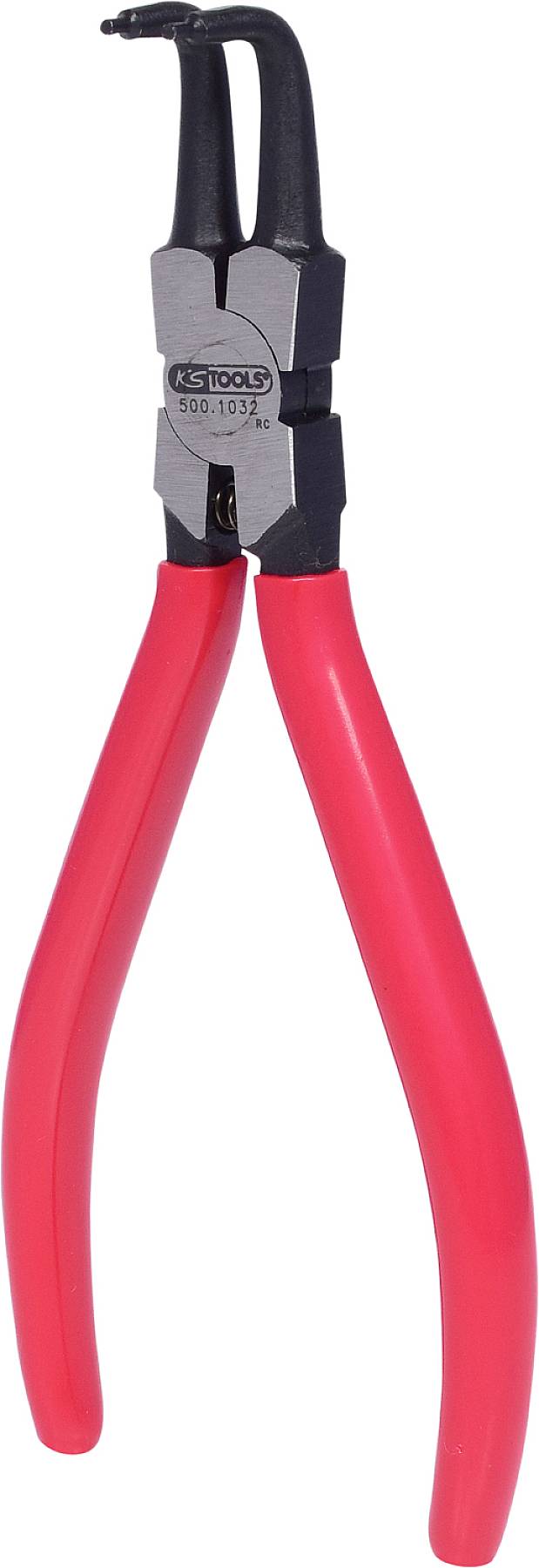 Rote Seegeringzange mit schwarzem Kopf, ideal zum Entfernen von Außen-Sicherungsringen.