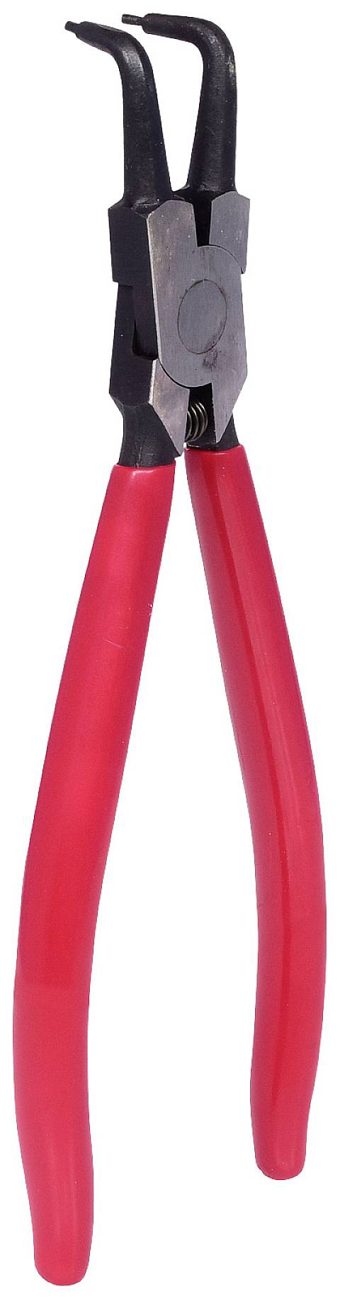 Rote Spitzzange mit gebogenen Spitzen, verwendet zum Greifen und Halten kleiner Teile in der Elektronik oder Mechanik.