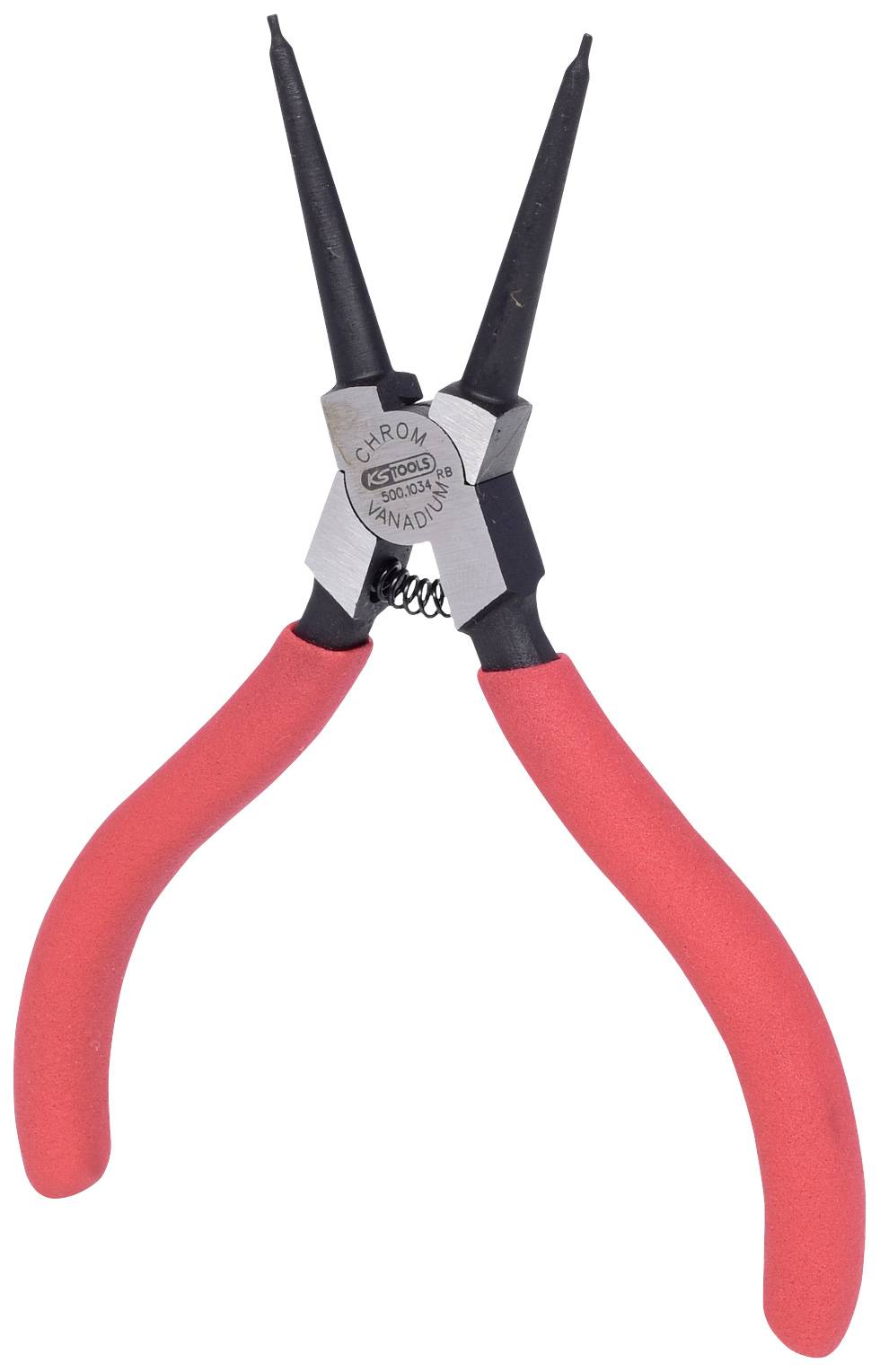 Eine rote Spitzzange mit schwarzen, dünnen Greifern und Metallgelenk, verwendet für präzise Handwerksarbeiten oder Reparaturen.