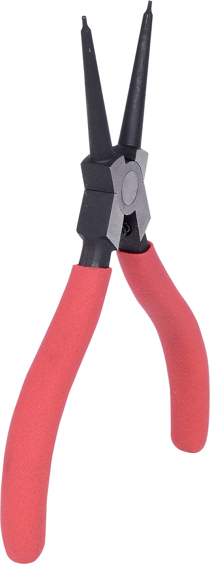 Rote Sprengringzange mit schwarzen Backen, die aufrecht steht. Hauptsächlich zur Montage und Demontage von Sprengringen verwendet.