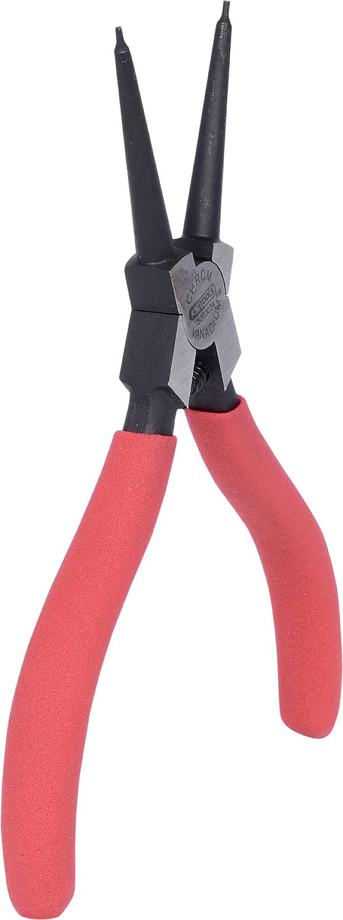 Rote Seegerringzange mit schwarzen Spitzen, geeignet zum Greifen und Installieren von Seegerringen, verwendet in mechanischen Anwendungen.