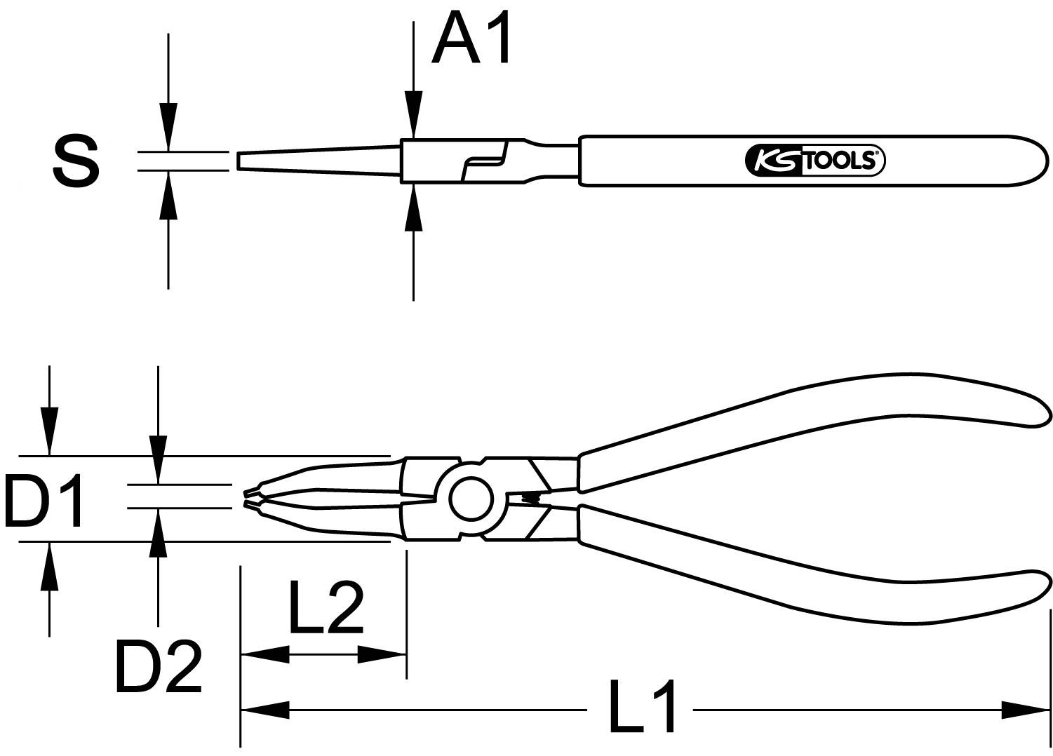 Illustration von zwei Zangen mit Maßangaben. Oben eine Präzisionszange mit der Aufschrift 'KS TOOLS' und Markierung 'A1'. Darunter eine größere Zange mit Markierungen 'S', 'D1', 'D2', 'L1', 'L2'.