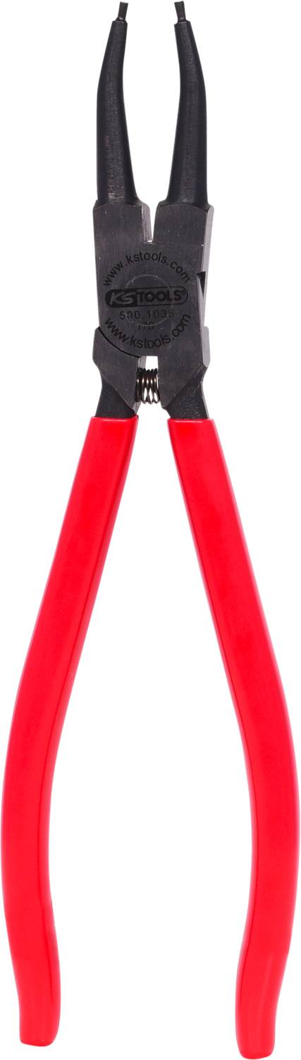 Eine rote Seegeringzange mit schwarzen Griffen, geeignet zum Installieren oder Entfernen von Sicherheitsringen.