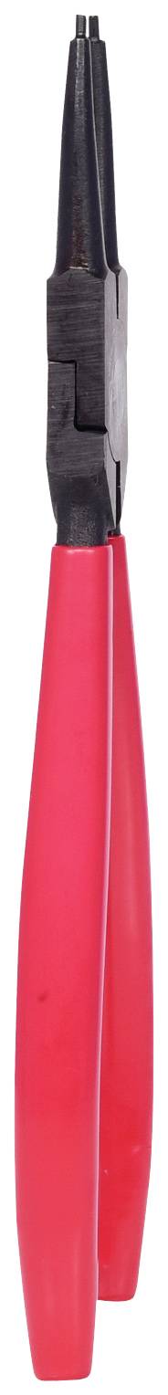 Rote Rundzange aus Metall und Kunststoff, vertikal ausgerichtet, zum Biegen und Formen von Drähten in Handwerksarbeiten.