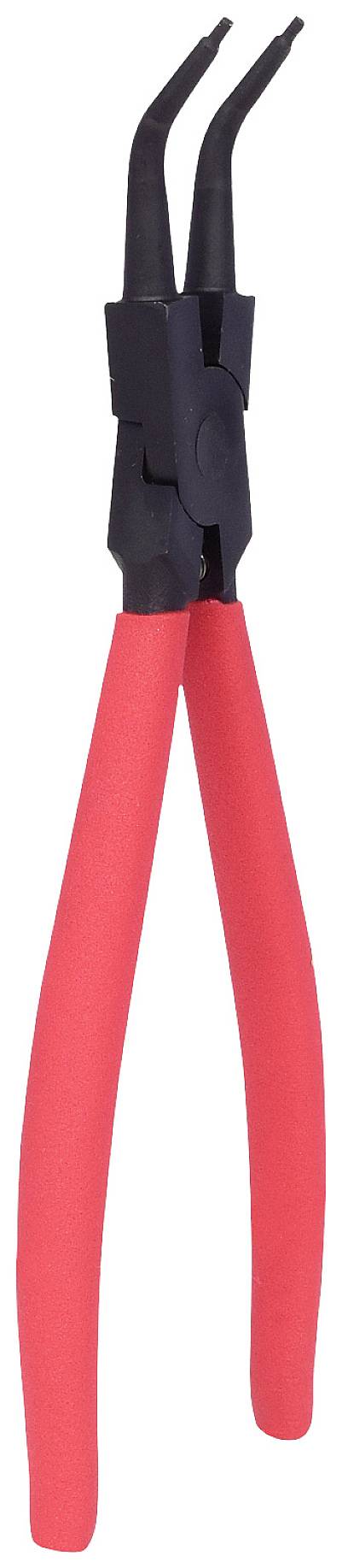 Eine rote Zange mit schwarzen Backen, verwendet zum Greifen und Biegen von Objekten.