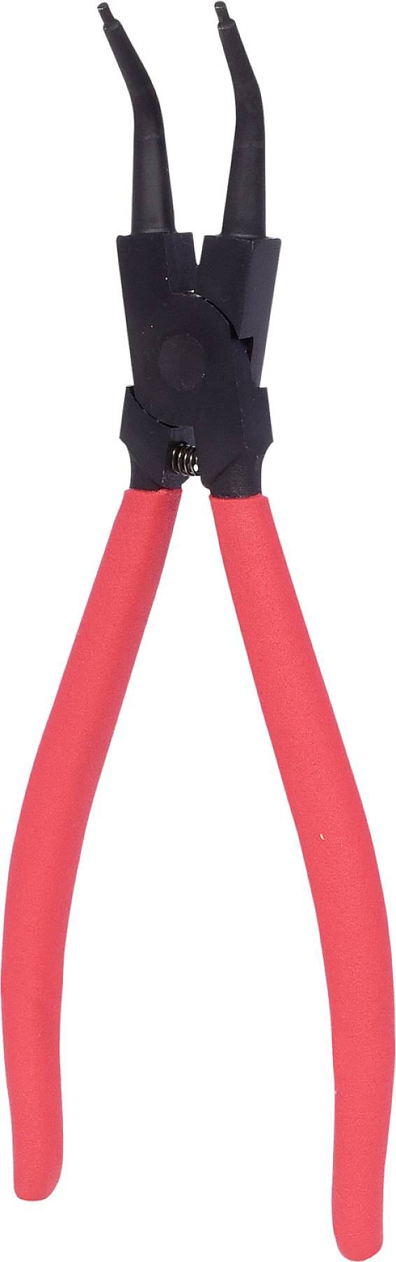 Rote Sprengringzange mit schwarzen Greifbacken, zum Einsetzen oder Entfernen von Sicherungsringen in Maschinen oder Werkzeugen.
