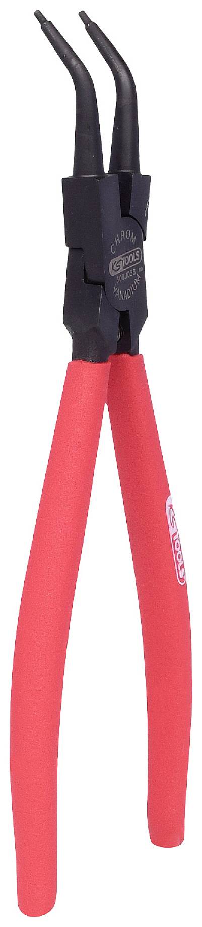 Eine rote Sprengringzange mit gebogenen Spitzen, die für das Entfernen und Einsetzen von Sprengringen verwendet wird.