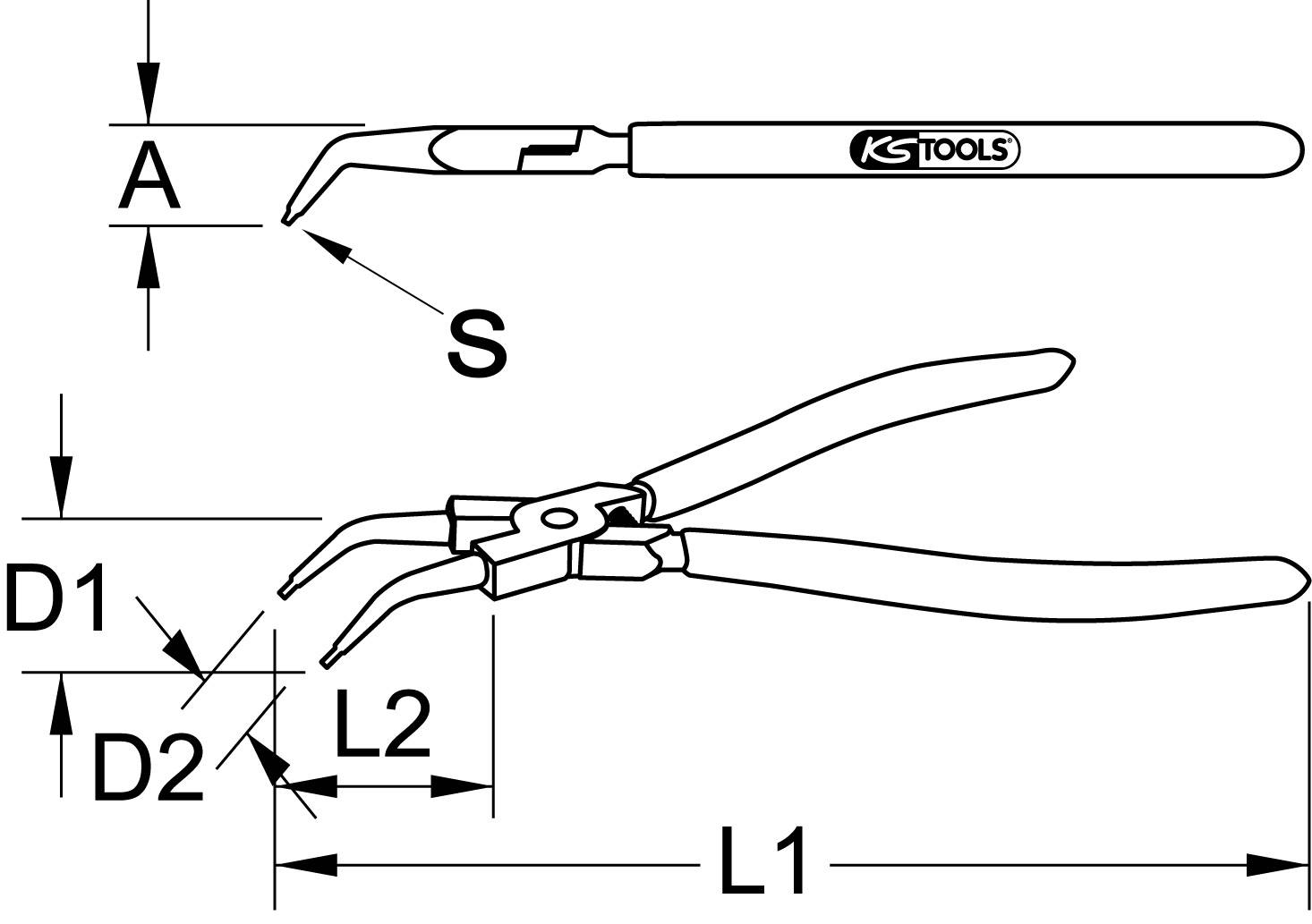 Technische Zeichnung einer Greifzange mit Maßen: A, S, D1, D2, L1, L2. Die Zange hat gebogene Spitzen, geeignet für präzise Arbeiten.