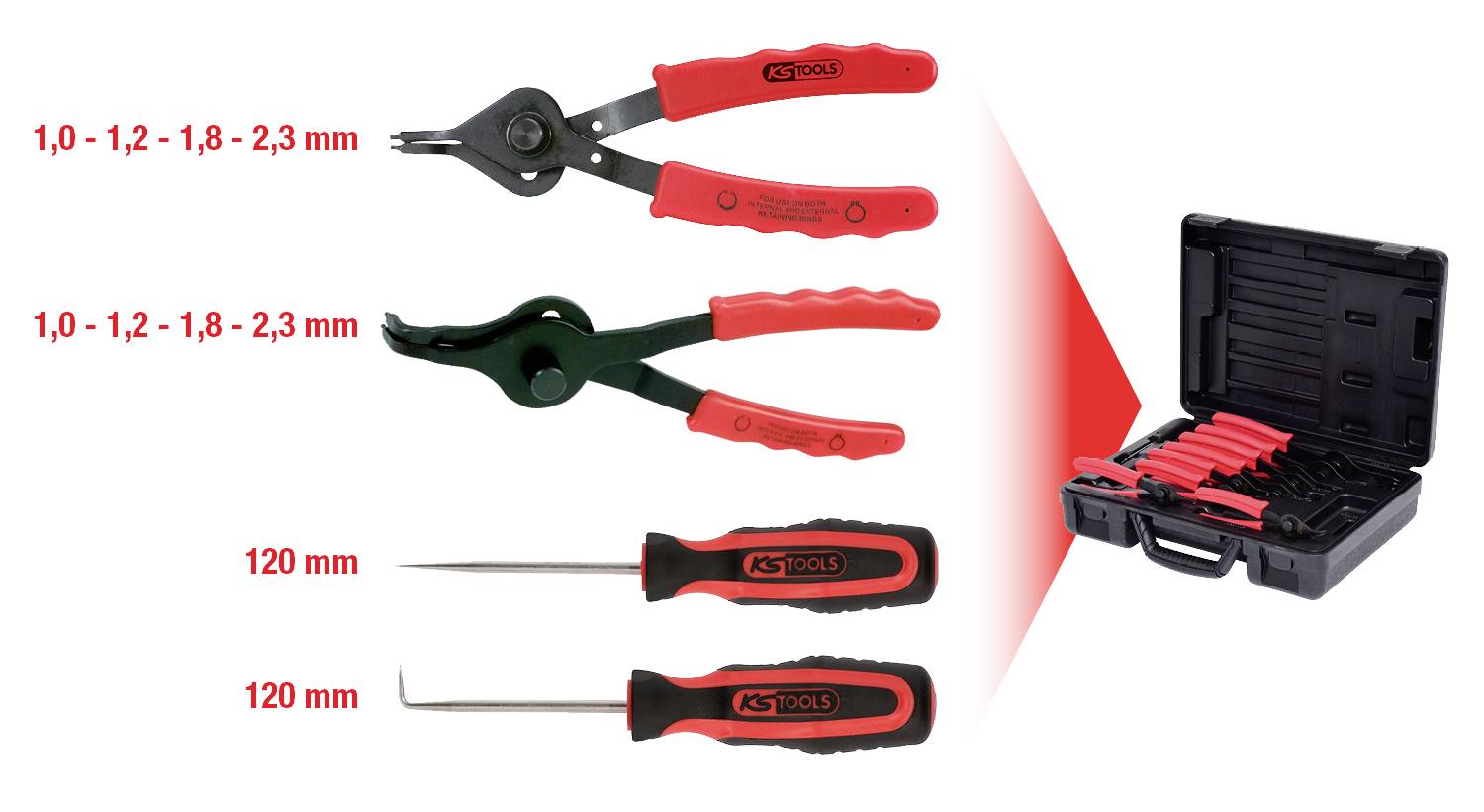 Satz von vier Spezialwerkzeugen: Clipszangen für 1,0-2,3 mm und Stifte von 120 mm Länge. Gezeigt mit rotem Handgriff im Koffer.