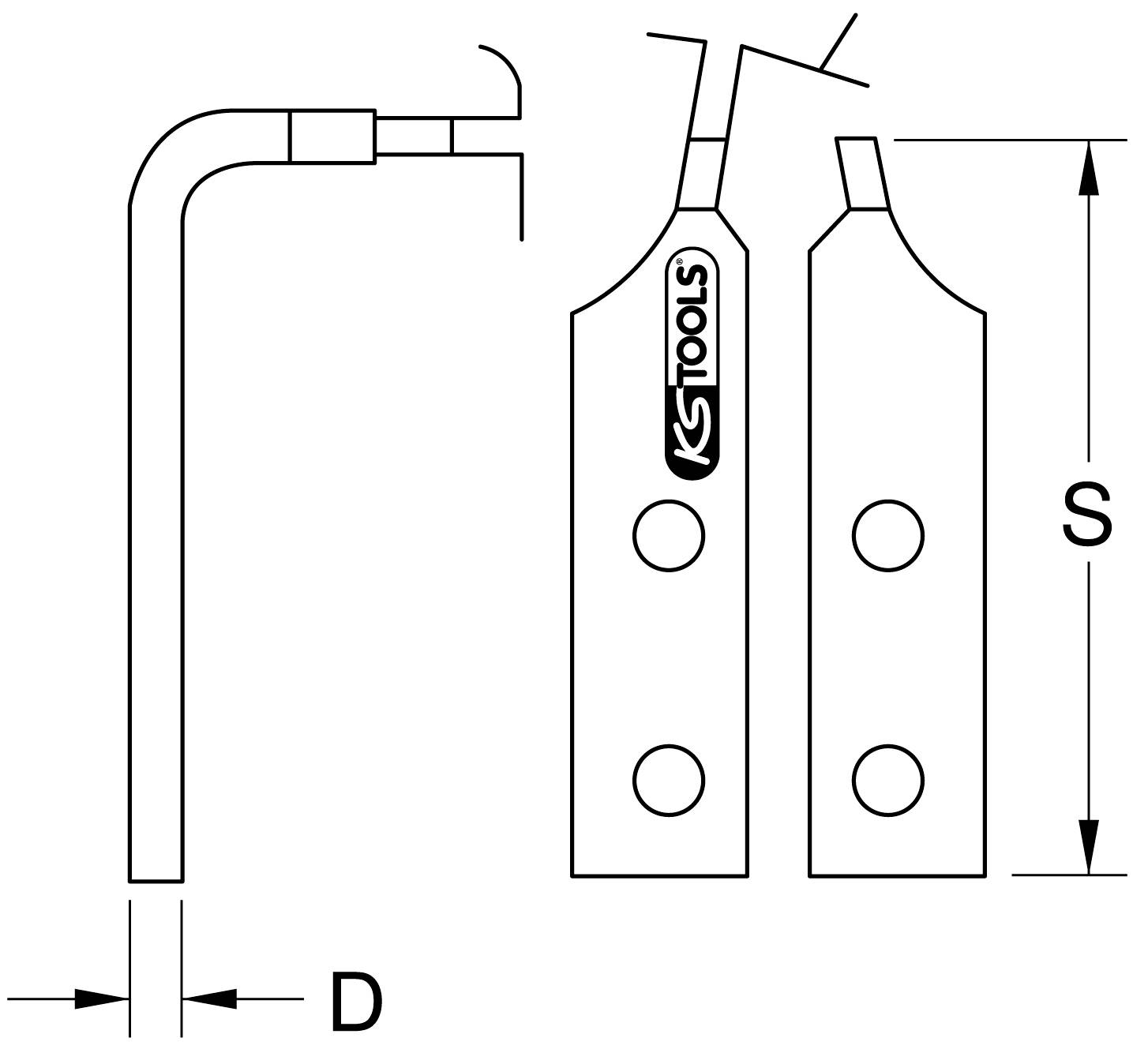 Technische Zeichnung eines Schraubenschlüssels von KS Tools mit Abmessungen 'D' und 'S'. Zeigt Seiten- und Vorderansicht.