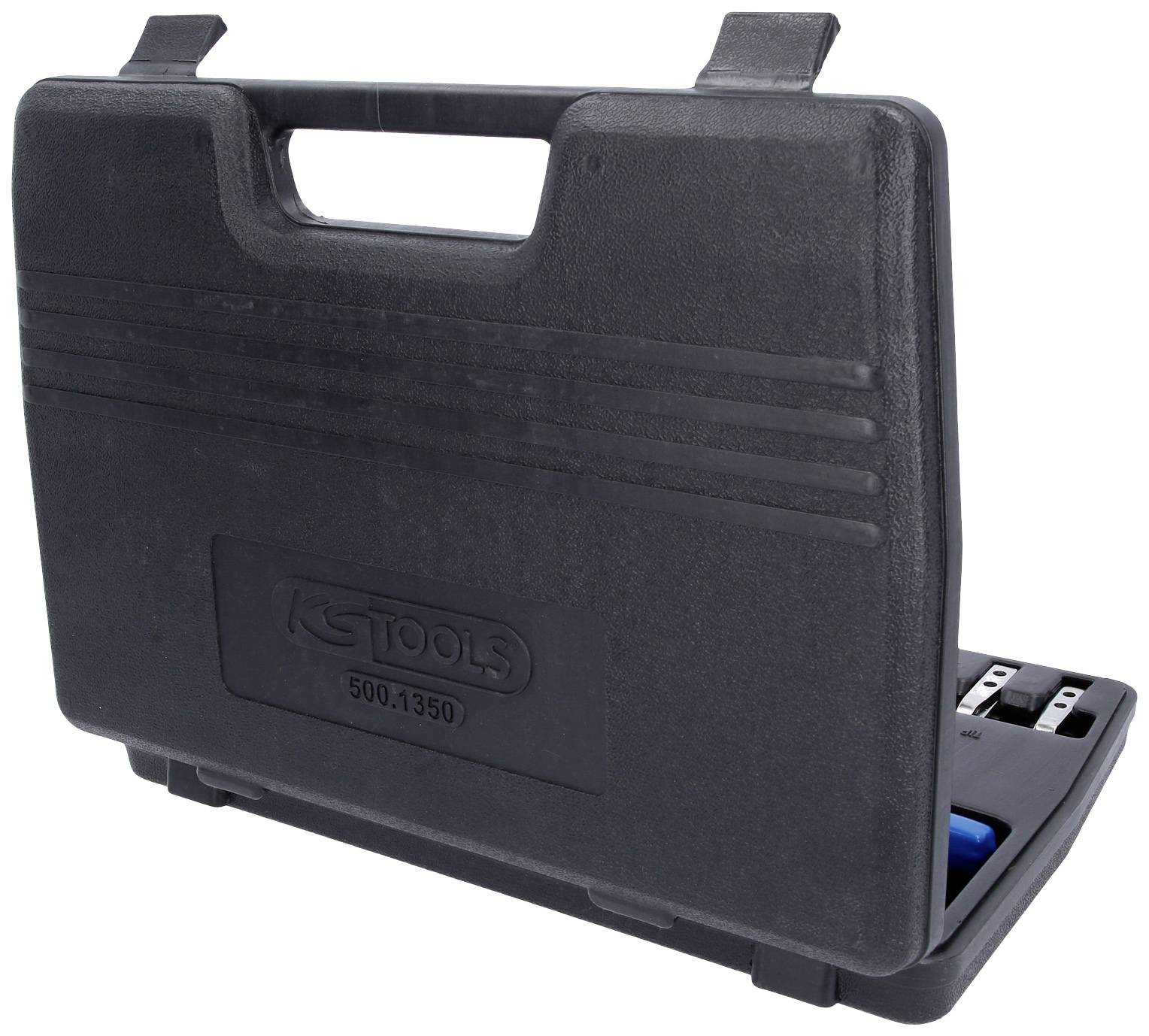 Schwarzer Werkzeugkoffer aus Hartplastik mit integriertem Griff, geöffnet. Logo 'KS Tools' auf der Seite erkennbar.