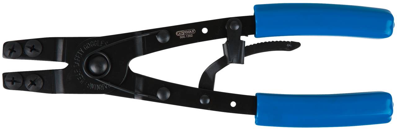 Schwarze Zange mit blauen Griffen. Sie hat zwei Schrauben an den Enden der Backen und ist zum Klemmen oder Schneiden geeignet.