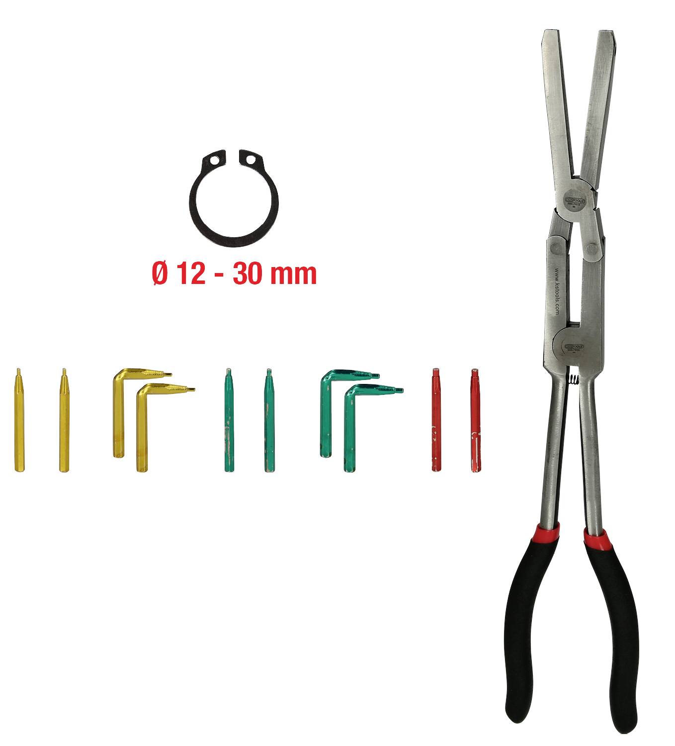 Zange mit schwarzen Griffen, neun wechselbare Einsätze in verschiedenen Farben und eine schwarze Sicherungsringzange für Durchmesser 12–30 mm.