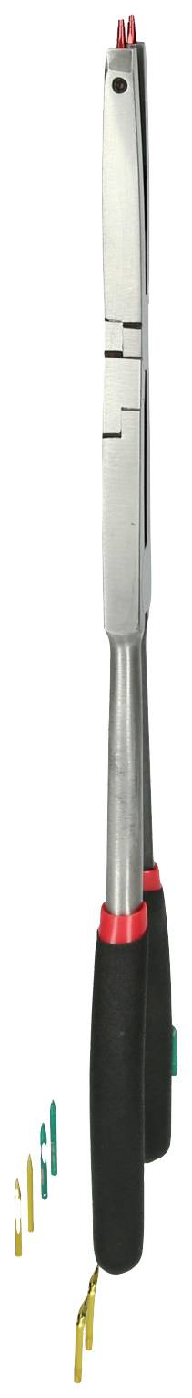 Greifer-Werkzeug mit schwarzem Griff. Es hält mehrere farbige Haken und Stifte am unteren Rand.