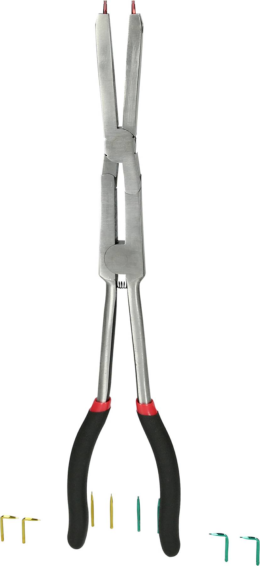 Lange, silberne Zange mit schwarzem Griff, umgeben von kleinen Metallhaken in verschiedenen Farben unten. Werkzeugdarstellung.