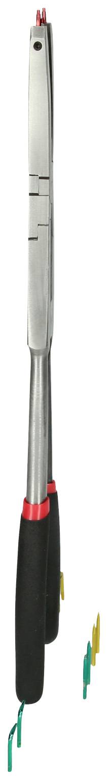 Eine silberne Zange mit schwarzem Griff und rotem Druckmechanismus. Sie ist geöffnet, um verschiedene bunte Kabel zu halten.