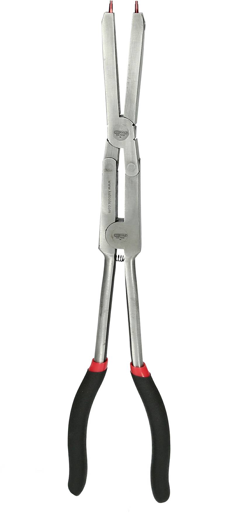 Lange Metallzange mit schwarzen Kunststoffgriffen und roten Akzenten, geeignet für schwer zugängliche Stellen.