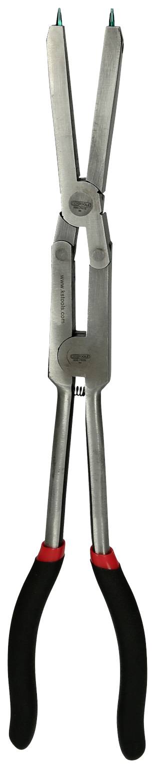 Eine lange Zange mit schwarzen Griffen und roten Details. Sie hat dünne, spitze Enden, die für präzise Arbeiten geeignet sind.