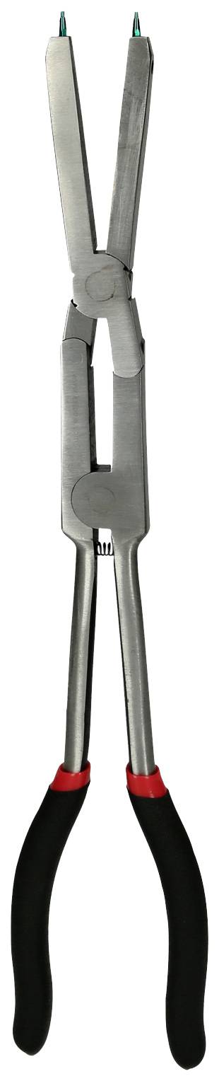 Lange Metallzange mit schwarzem Griff, speziell zum Greifen und Bearbeiten kleiner Gegenstände oder Drahtarbeiten geeignet.