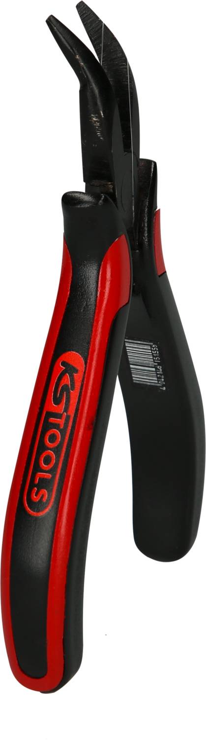 Schwarze und rote Abisolierzange mit ergonomischem Griff und gebogenen Klingen, geeignet zum Entfernen von Isolierungen auf Kabeln.