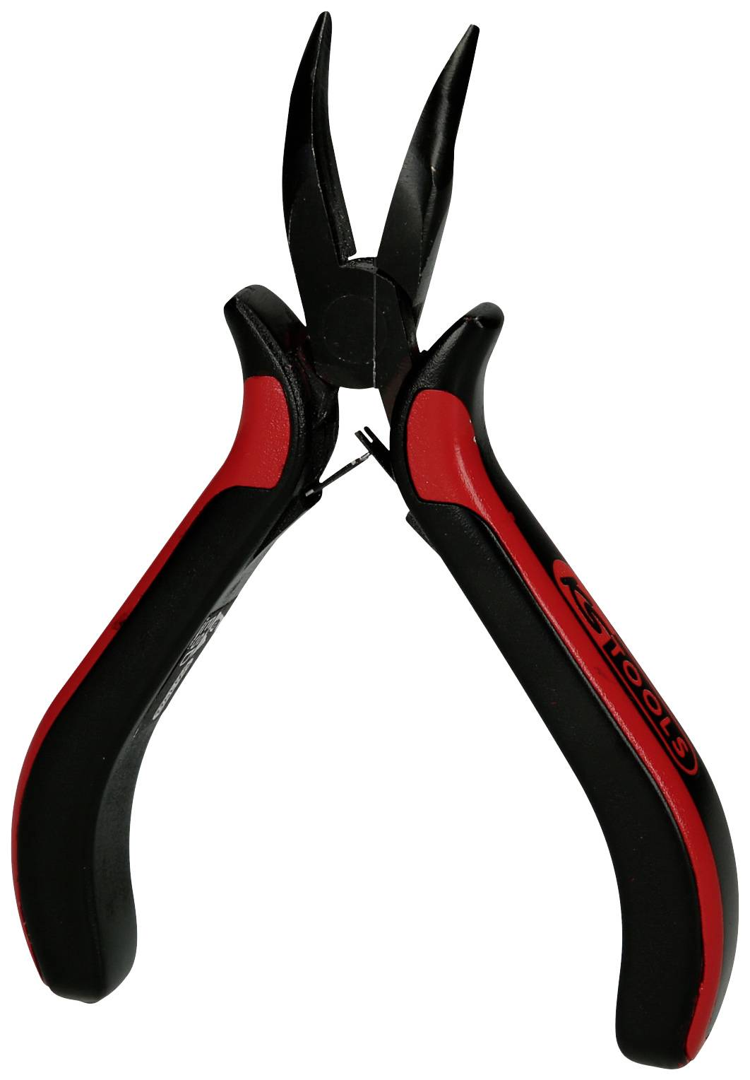 Schwarze und rote Zange mit ergonomischen Griffen, leicht geöffnet. Geeignet für präzise Arbeiten in Handwerk oder Elektronik.