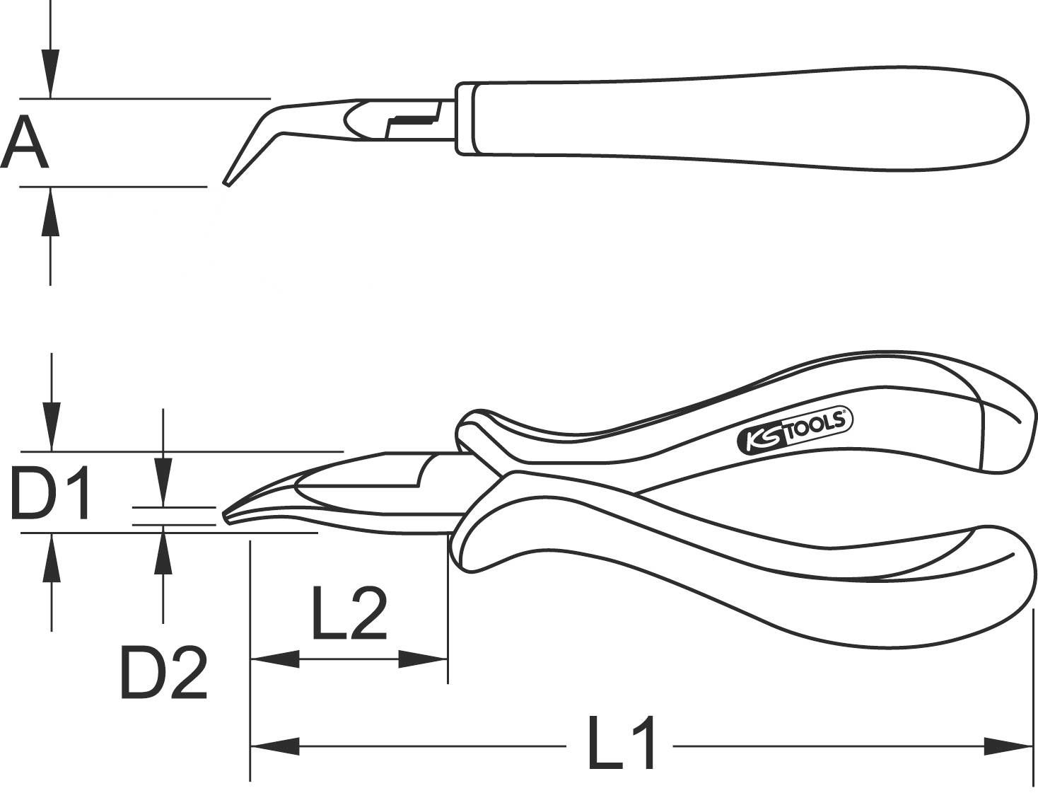 Zeichnung einer Zange mit Maßen: A, D1, D2, L1, L2. Zeigt Details des Designs und der Maße für präzise Anwendungen.