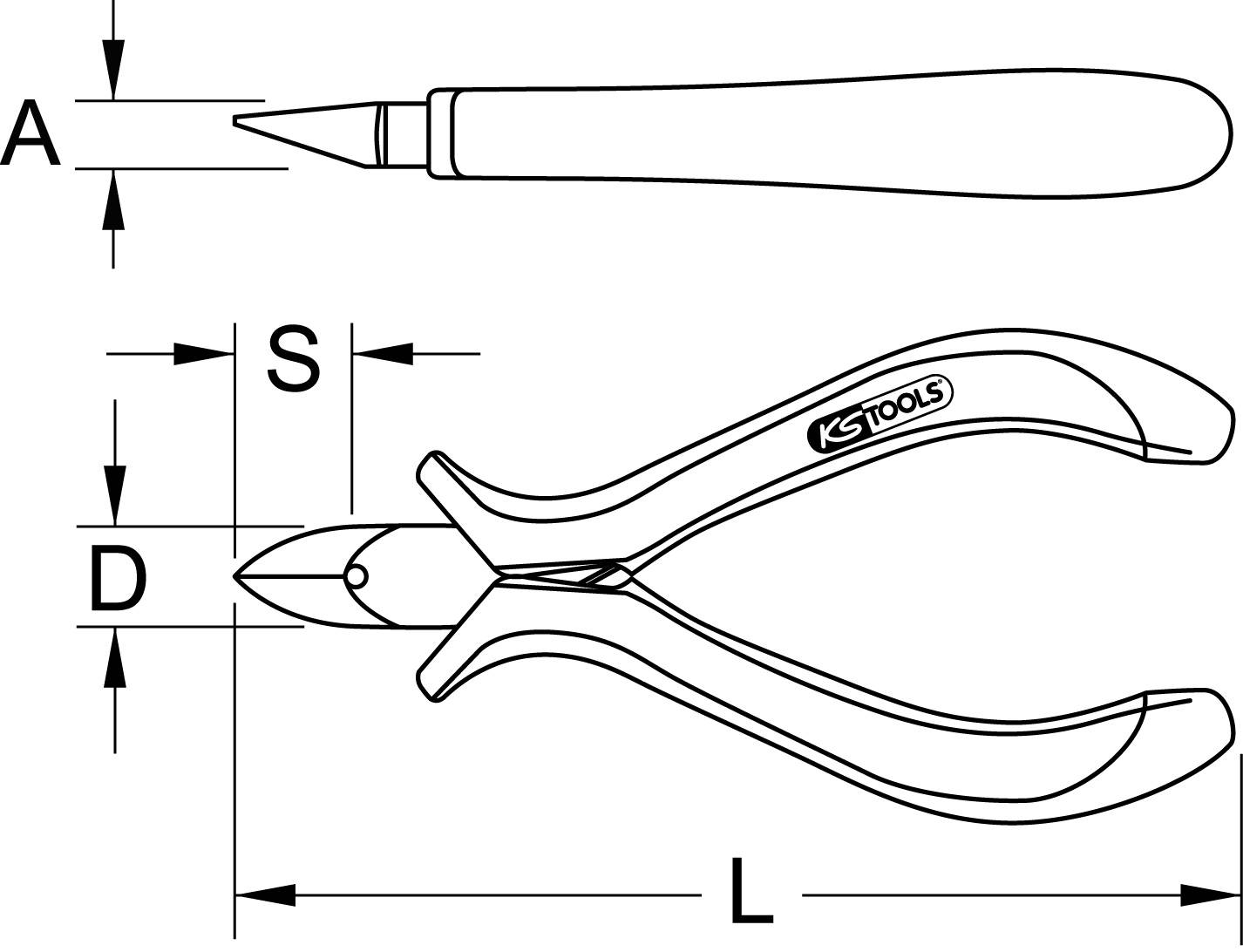 Illustration eines Seitenschneiders mit Beschriftungen der Maße: Grifflänge 'L', Klingenlänge 'A', Klingenstärke 'S', Schneidfordertaschenbreite 'D'.