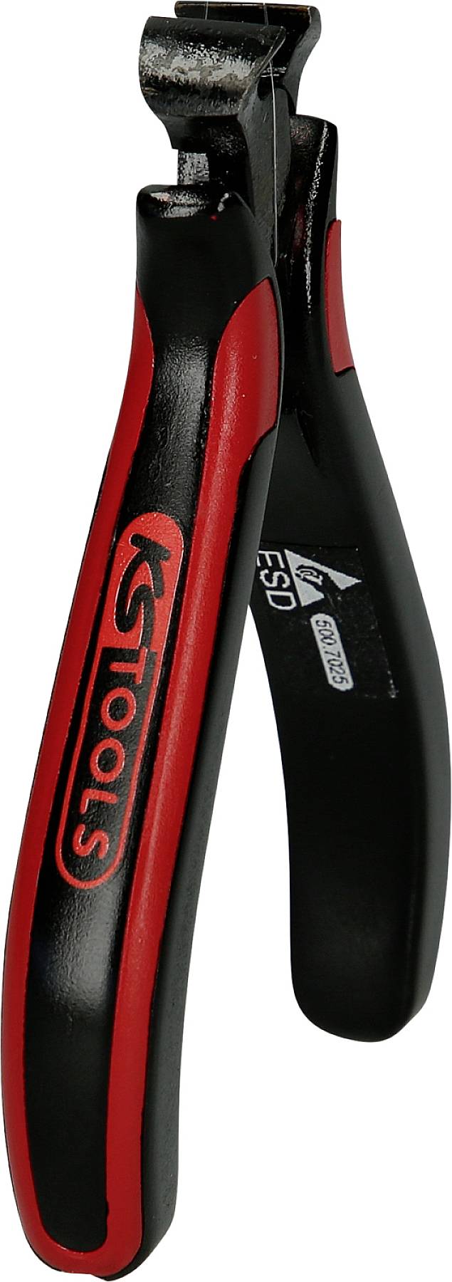 Eine rote und schwarze Zange der Marke 'KS Tools' mit ergonomischem Griff, geeignet für präzises Schneiden in Werkstattanwendungen.