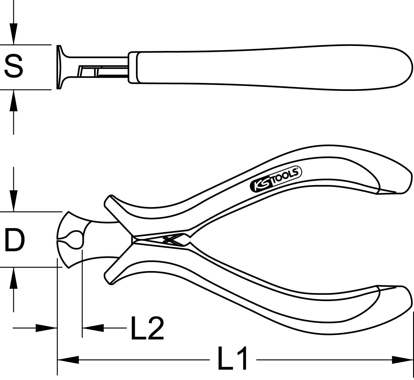 Diagramm einer Zange von KS Tools mit Maßen S, D, L1, L2. Das Bild zeigt die Zange von der Seite und von oben zur Darstellung der Maße.