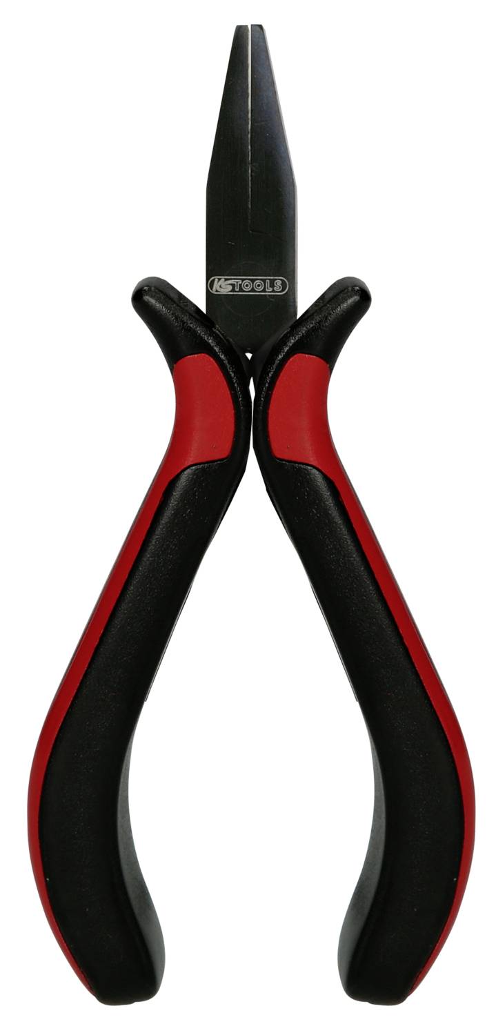Zange mit roten und schwarzen Griffen, frontal fotografiert. Geeignet für Präzisionsarbeiten im Handwerk oder bei Elektroinstallationen.
