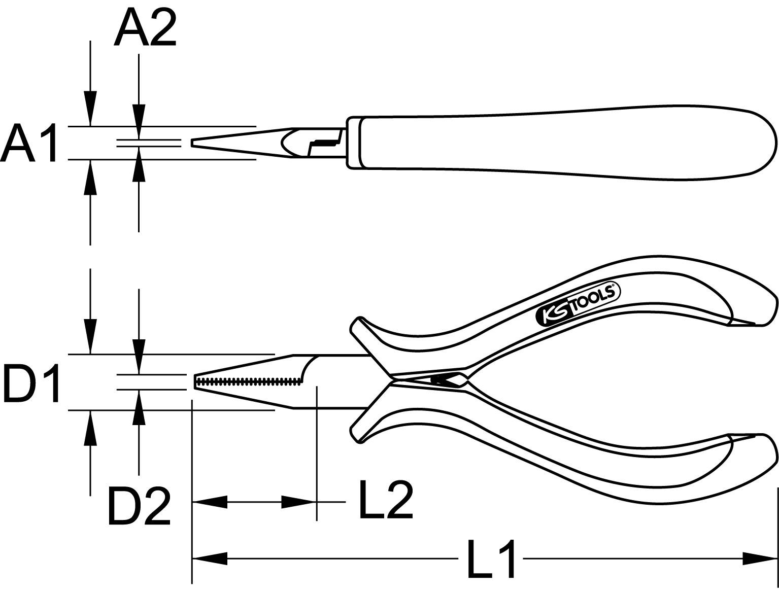 'Zeichnung einer Zange von oben und seitlich. Maße: A1, A2, D1, D2, L1, L2. Griff mit Beschriftung 'KS Tools'.'