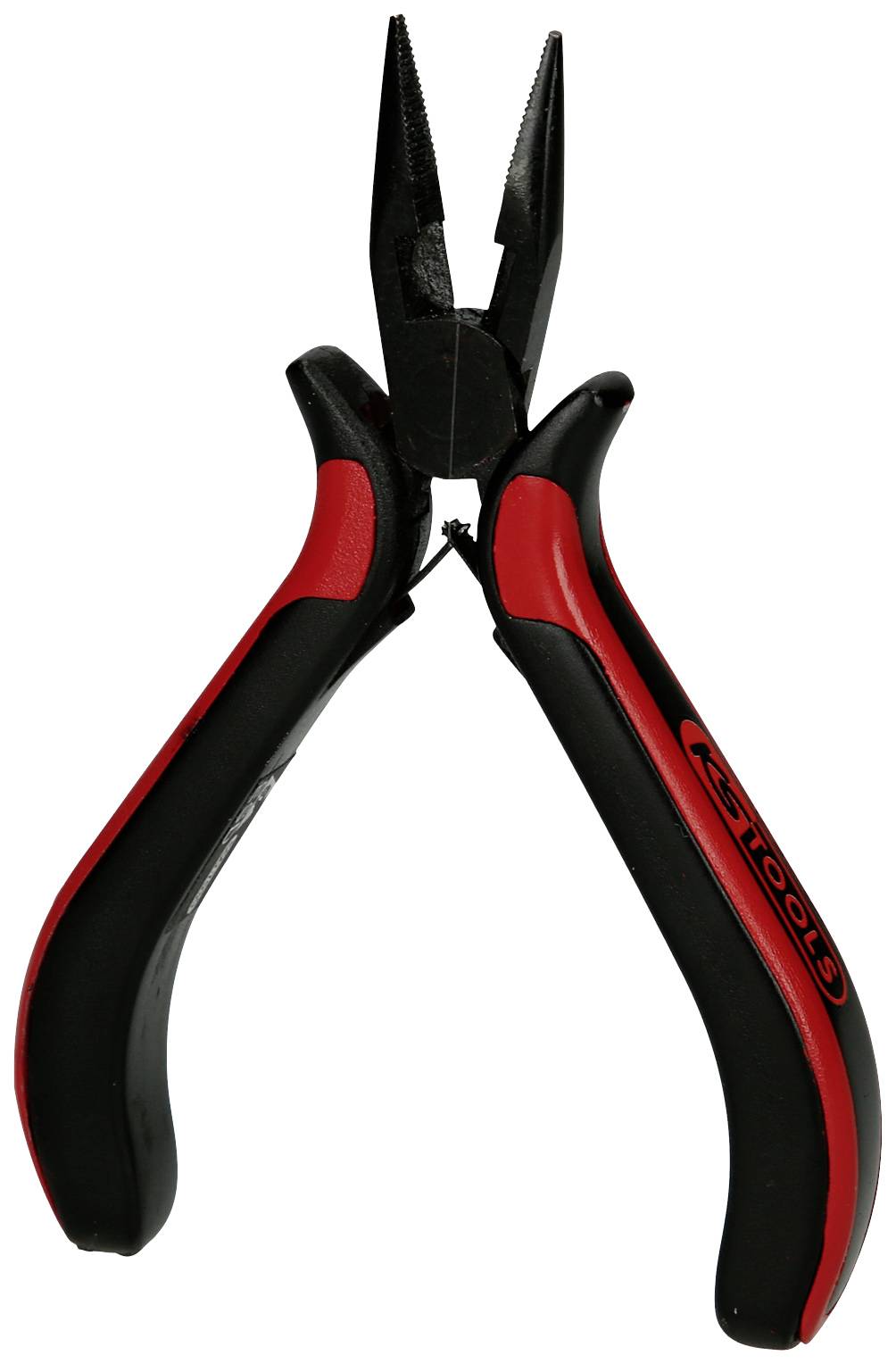 Eine schwarz-rote Zange mit gummierten Griffen, die leicht geöffnet ist. Sie wird zum Greifen und Schneiden von Drähten verwendet.