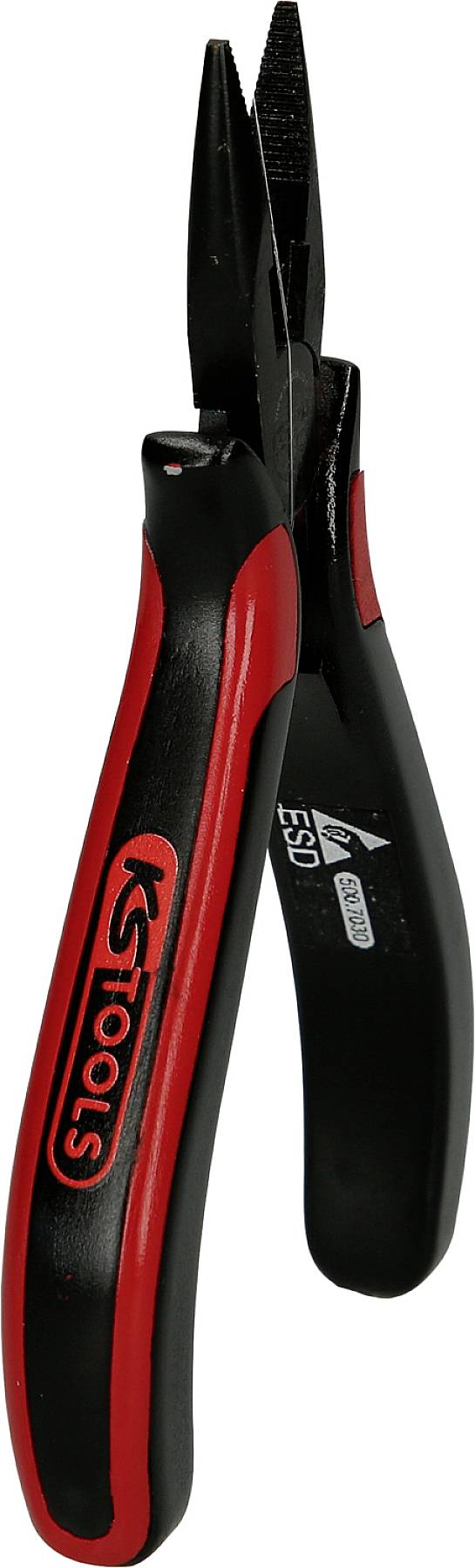 Eine rote und schwarze Kombizange mit ergonomischem Griff und kleinem Schneidwerkzeug an der Spitze, ideal für präzises Arbeiten.