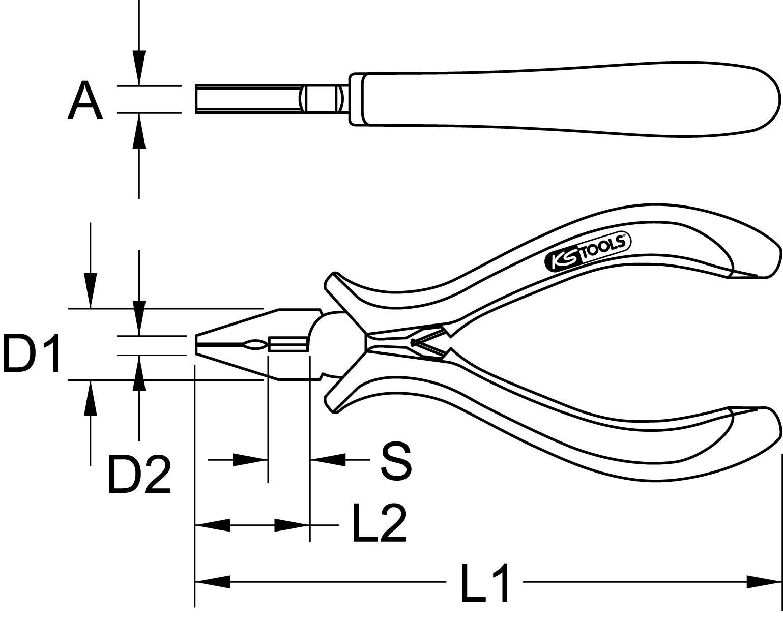 Technische Zeichnung einer Spitzzange und einem Flachschraubendreher mit Maßangaben: Gesamtlänge (L1, L2), Griffbreite (D1, D2) und Schraubendreherdicke (S).