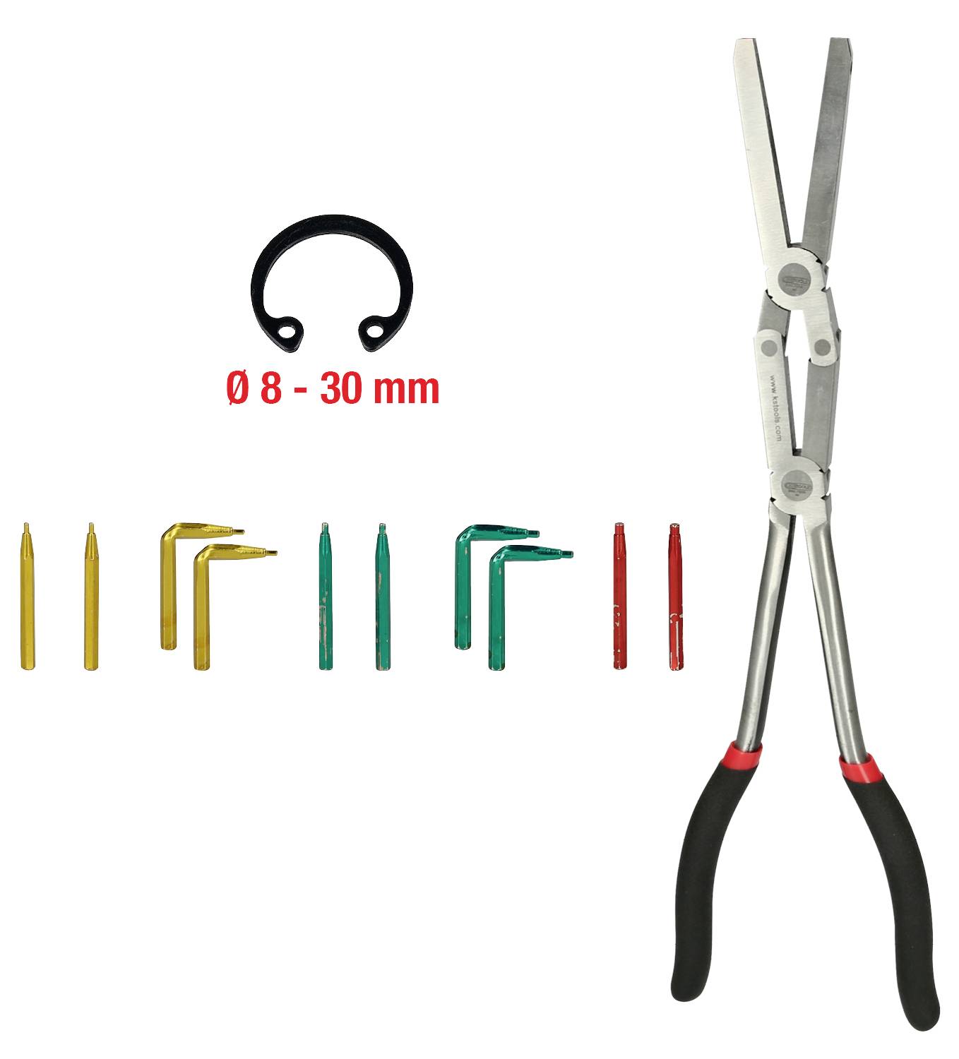 Langstielige Zangensatz mit verschiedenfarbigen Wechselspitzen und einem Sicherungsring mit Durchmesserangabe 'Ø 8 - 30 mm'.