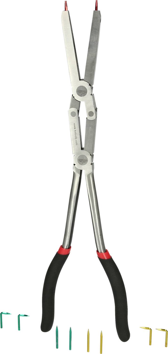 Lange Zange mit schwarzem Griff in der Mitte. Darunter befinden sich bunte, gebogene Metalldrahtstücke in verschiedenen Farben.