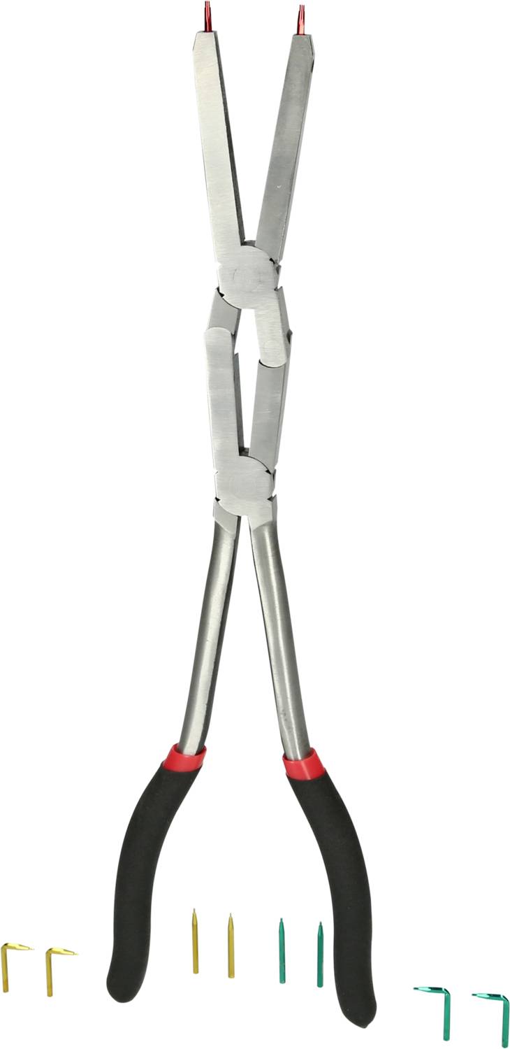 Lange Zange mit schwarzen Griffen und roten Isolierungen, zum Greifen und Biegen von farbigen Drähten, auf weißem Hintergrund.