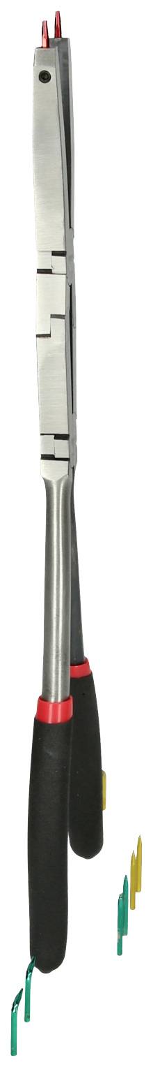 Metallzange mit schwarzen Griffen und roten Details. Unten sind kleine bunte Steckverbinder, die zur Verwendung mit der Zange bestimmt sind.