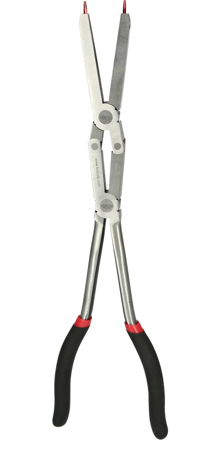 Eine lange professionelle Schere mit roten Griffen, geeignet zum Schneiden von schweren Materialien. Sie hat lange Klingen und ergonomische Griffe.