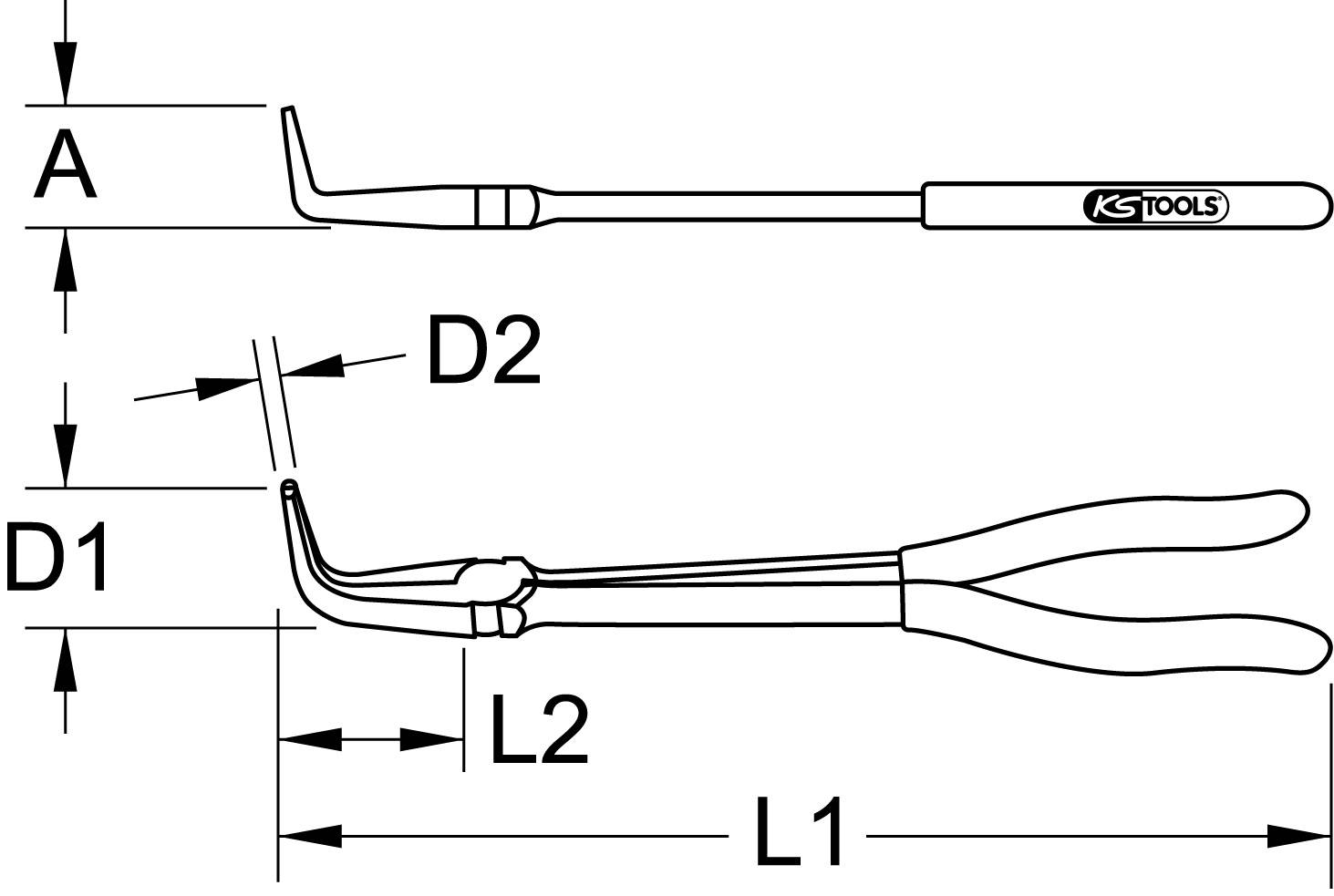 Technische Zeichnung eines Winkelschlüssels mit Abmessungen: A, D1, D2, L1, L2. Seiten- und Vorderansicht mit KS Tools-Logo.