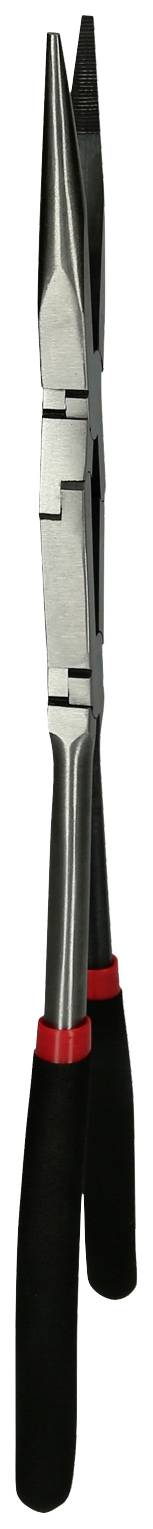 Langnasenzange mit schwarzem Griff und roten Akzenten.