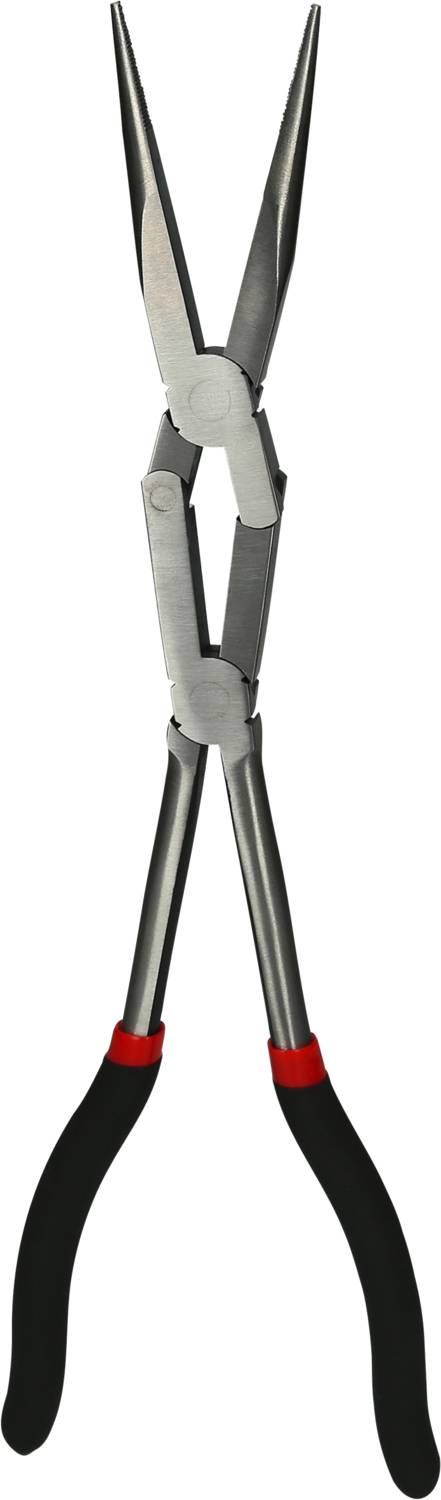 Lange Spitzzange mit roten und schwarzen Griffen, geeignet für präzise und schwer erreichbare Arbeiten in Handwerk oder Hobby.