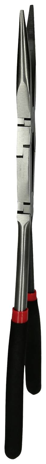 Eine Metallspitzzange mit schwarzem Griff und roten Markierungen an den Griffenden. Geeignet für präzise Arbeiten und schwer erreichbare Stellen.