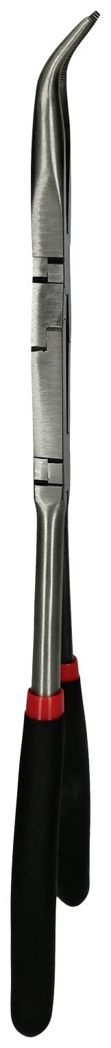 Zahnmedizinisches Instrument, matt silber mit schwarzem Griff und rotem Streifen, gebogene Spitze, möglicherweise zum Extrahieren.