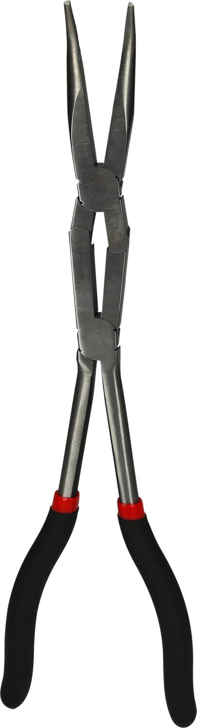 Eine lange Spitzzange mit schwarzen Griffen und roten Markierungen an den Griffverbindungen, geeignet für schwer erreichbare Stellen.