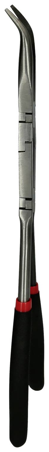 Ein Zahnarztinstrument aus Metall mit gebogenem Ende und schwarzen Griffen. Es wird in der Zahnmedizin zur Behandlung verwendet.