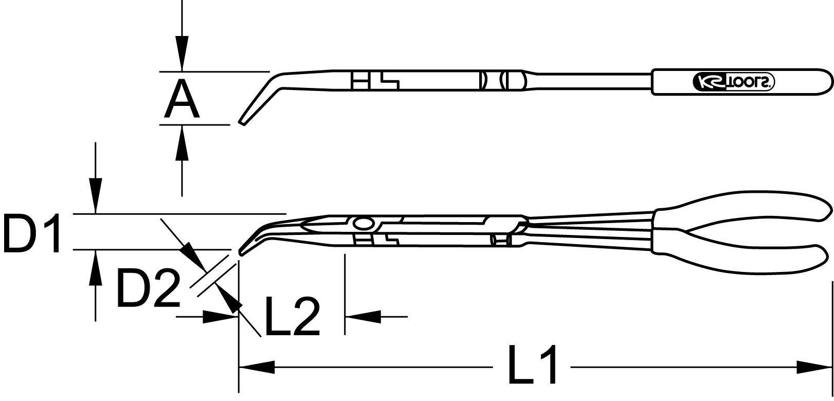Technische Zeichnung eines Dentalinstruments, das zwei Längenmaße (L1, L2) und zwei Durchmesser (D1, D2) darstellt. Enthält Griffdetail (A).