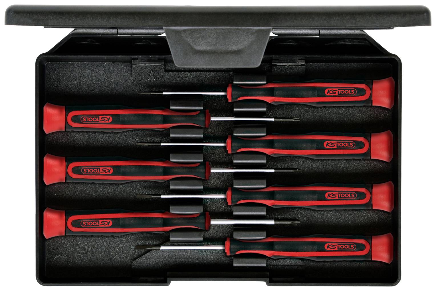 Ein Satz von acht Präzisionsschraubendrehern in einer schwarzen Kunststoffbox. Die Griffe sind rot-schwarz und ergonomisch geformt.
