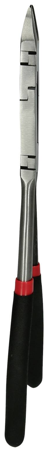 Zange mit schwarzem Griff und roten Akzenten, hauptsächlich für das Greifen und Bearbeiten von Drähten oder kleinen Objekten verwendet.